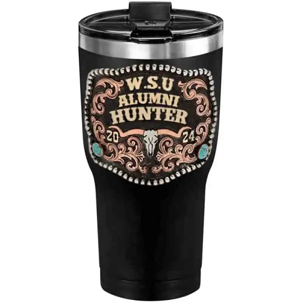 A customized tumbler made of stainless steel with a personalized engraved initials and Alumni Hunter lettering, 30 oz, ideal for coffee or cool drinks